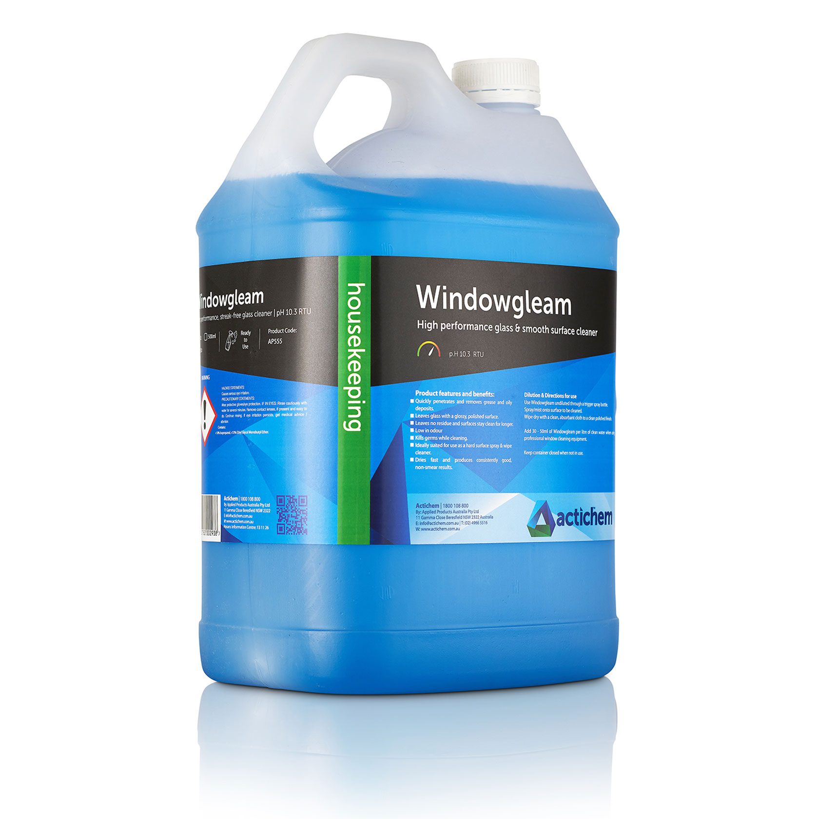 Actichem Windowgleam - Fast Drying High Quality Streak-Free Window Cleaner / 5 Litre-Carton