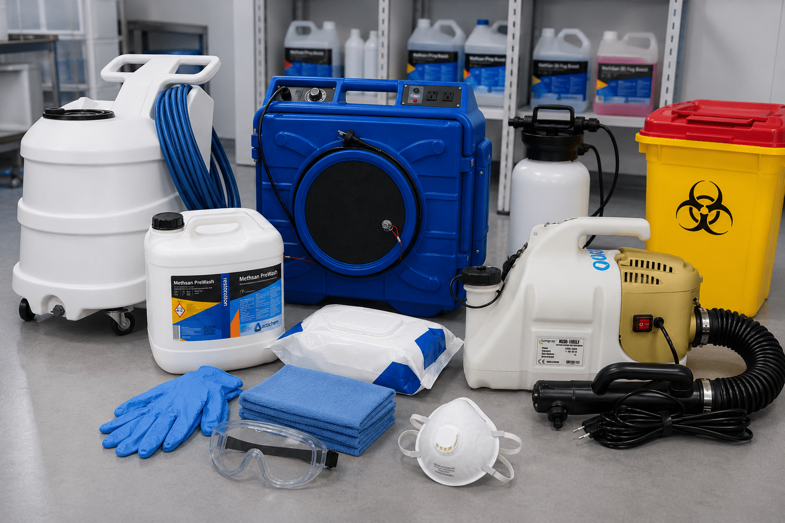 Professional decontamination equipment and PPE setup