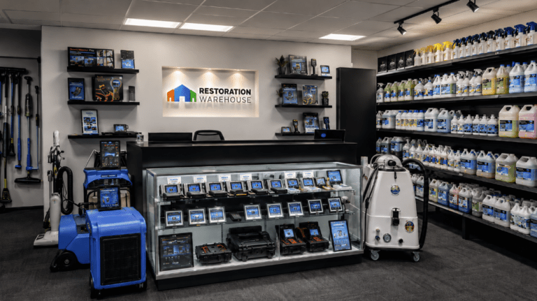 Restoration Warehouse showroom with dehumidifiers, moisture meters and cleaning chemicals