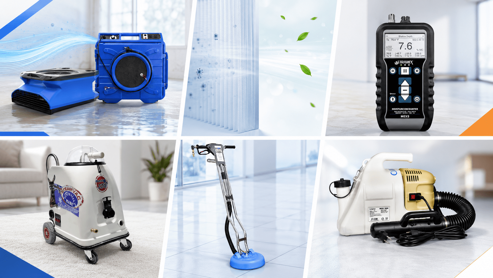 Professional extraction, drying, filtration and monitoring equipment arranged by restoration task