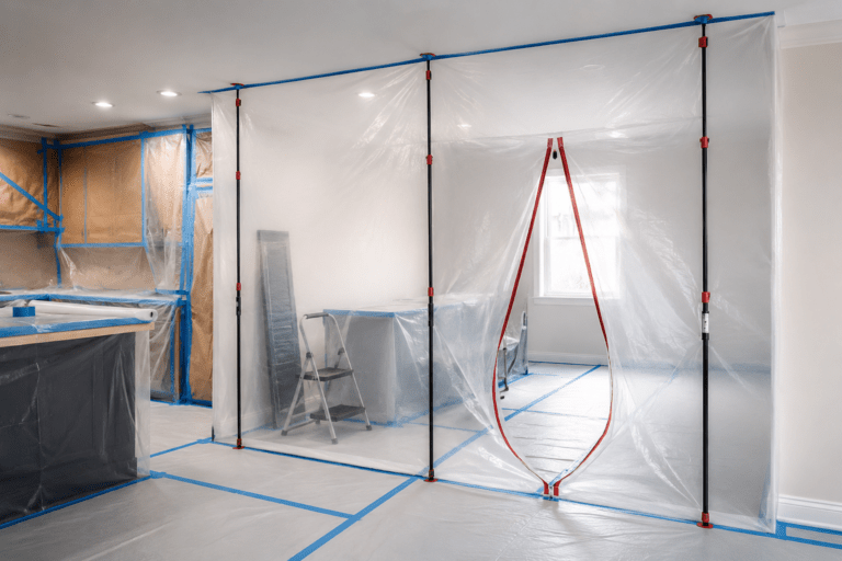 Dust containment poles and plastic sheeting with a zip door set up inside a room