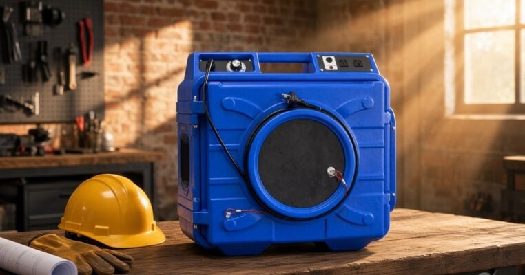 Blue portable air scrubber on a workbench